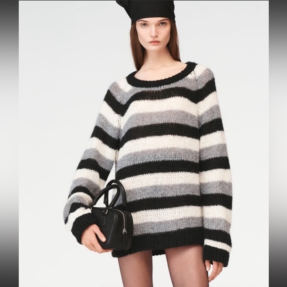 NWT ZARA STEVEN MEISEL BLACK WHITE GRAY STRIPE KNIT SWEATER SZ L - Picture 1 of 4